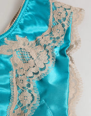 Dolce & Gabbana Blue Silk Satin Floral Lace Trim New Slip Underwear - IT3 | M
