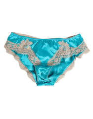 Dolce & Gabbana Blue Silk Satin Floral Lace Trim New Slip Underwear - IT3 | M - Briefs