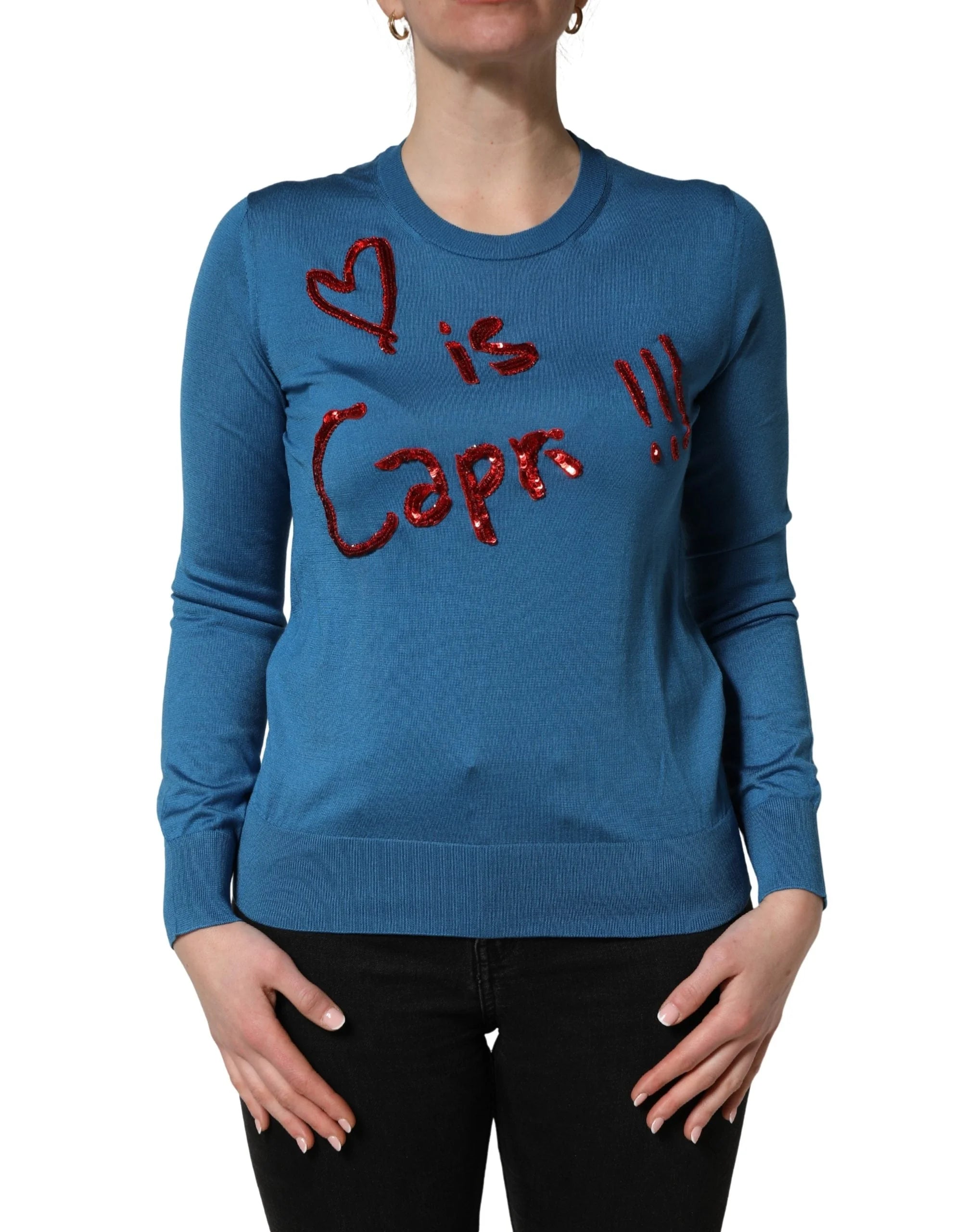 Dolce & Gabbana Blue Silk Sequined CrewNeck Pullover Sweater - IT42|M