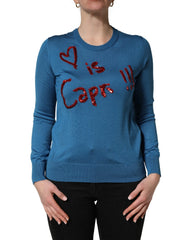 Dolce & Gabbana Blue Silk Sequined CrewNeck Pullover Sweater - IT42|M
