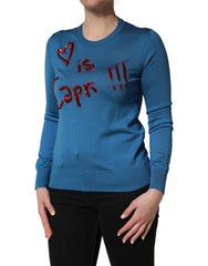 Dolce & Gabbana Blue Silk Sequined CrewNeck Pullover Sweater - IT42|M
