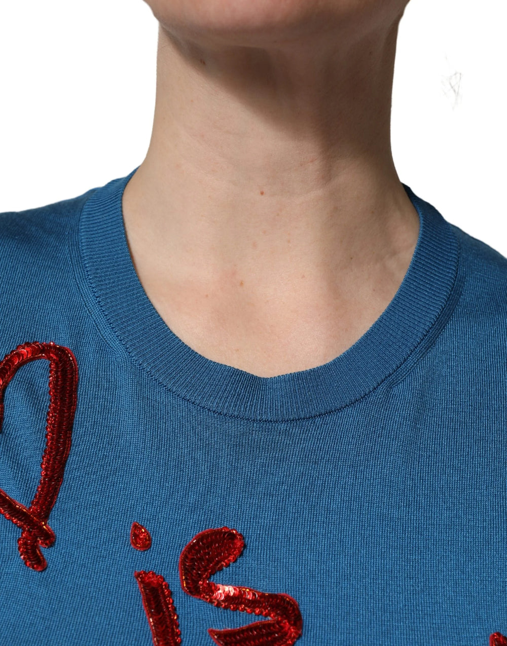 Dolce & Gabbana Blue Silk Sequined CrewNeck Pullover Sweater - IT42|M