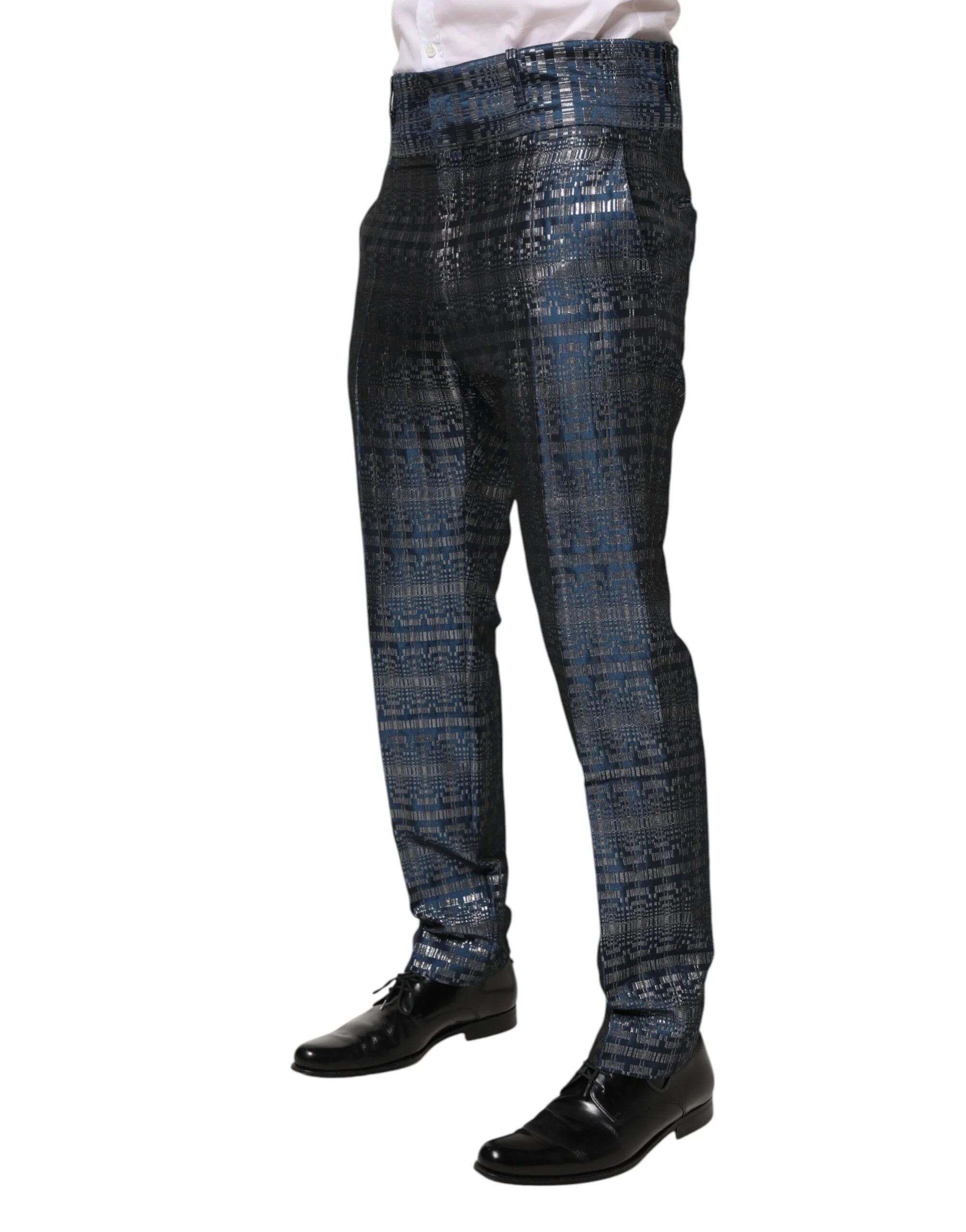 Dolce & Gabbana Blue Silver Shiny Silk Skinny Men Trouser Pants - IT48 | M - Trousers