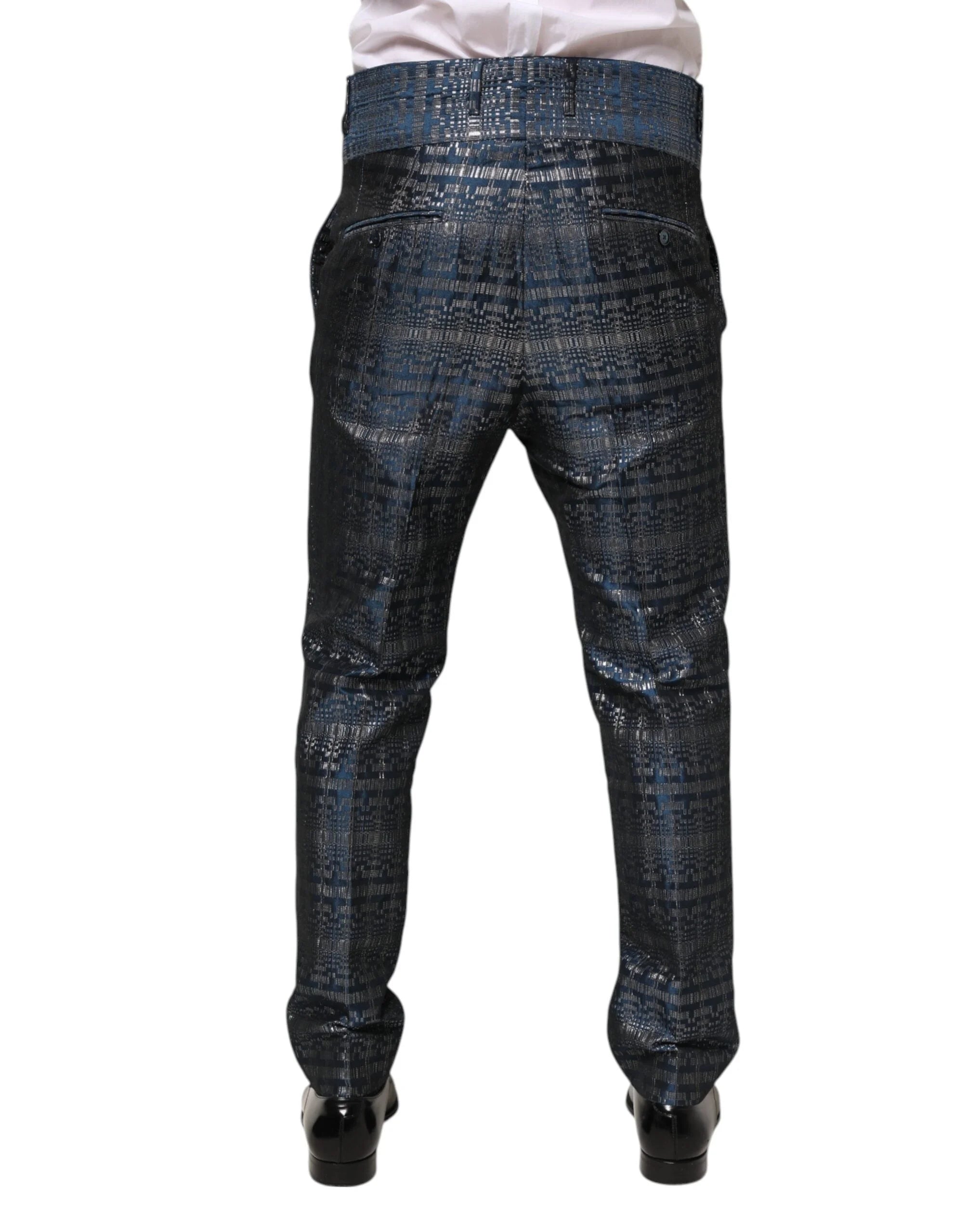 Dolce & Gabbana Blue Silver Shiny Silk Skinny Men Trouser Pants - IT48 | M - Trousers