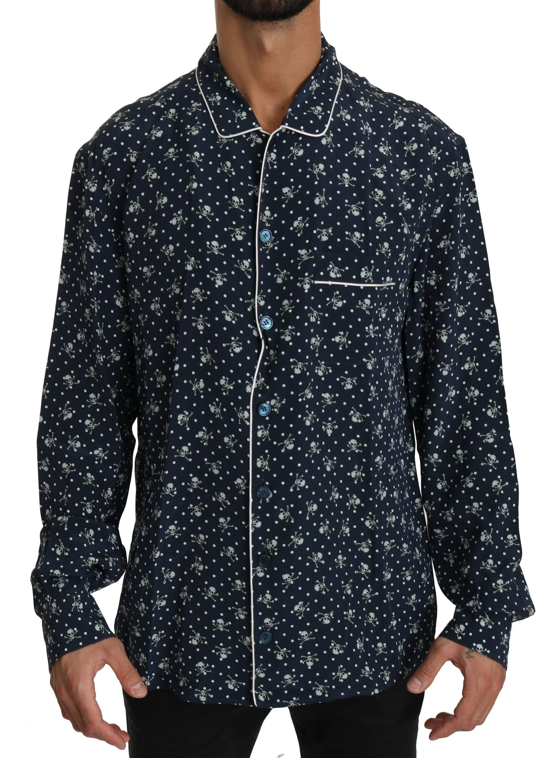Dolce & Gabbana Blue Skull Print Silk Top Sleepwear Shirt - IT41 | L - Nightgowns