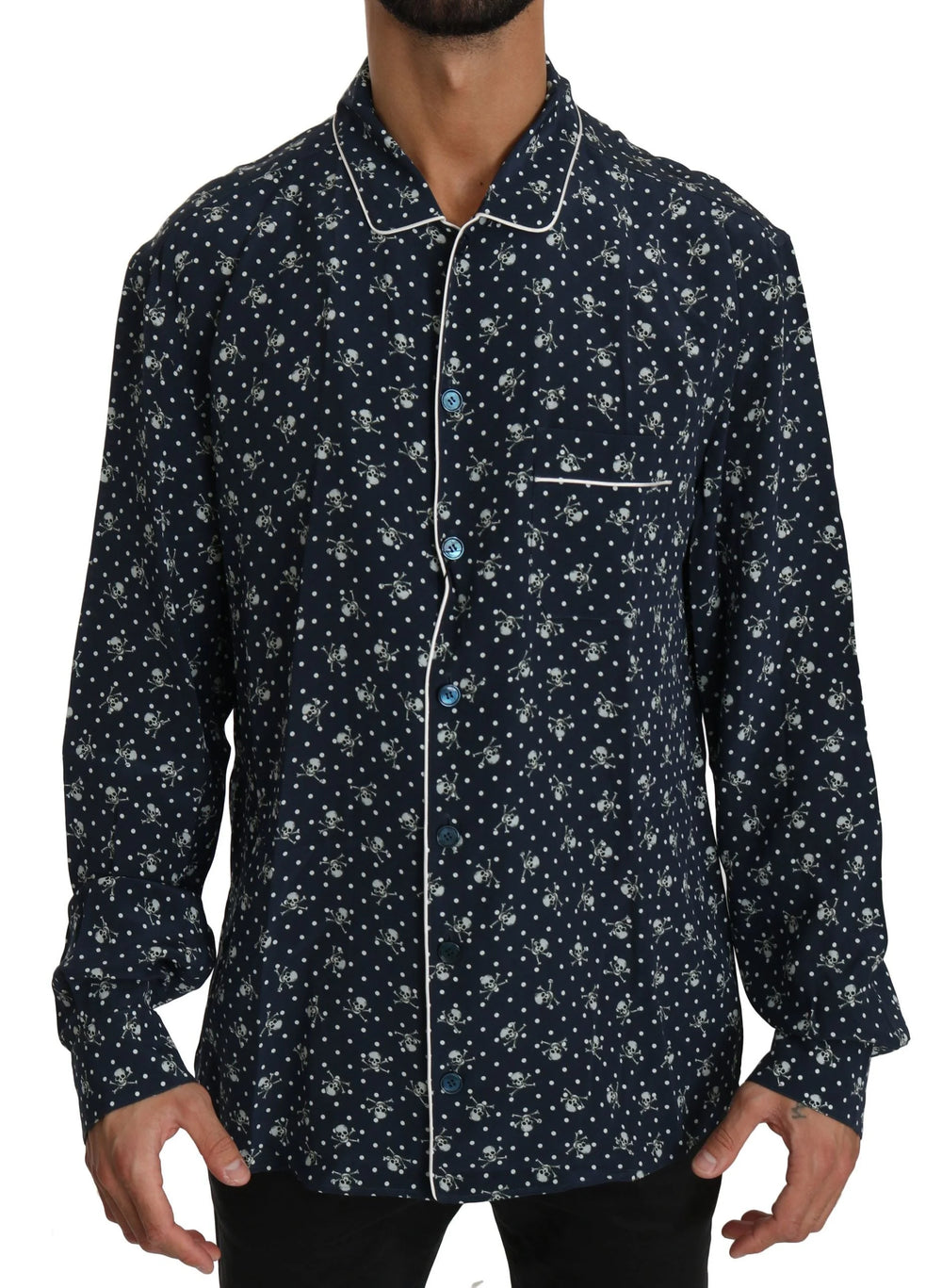 Dolce & Gabbana Blue Skull Print Silk Top Sleepwear Shirt - IT41 | L - Nightgowns