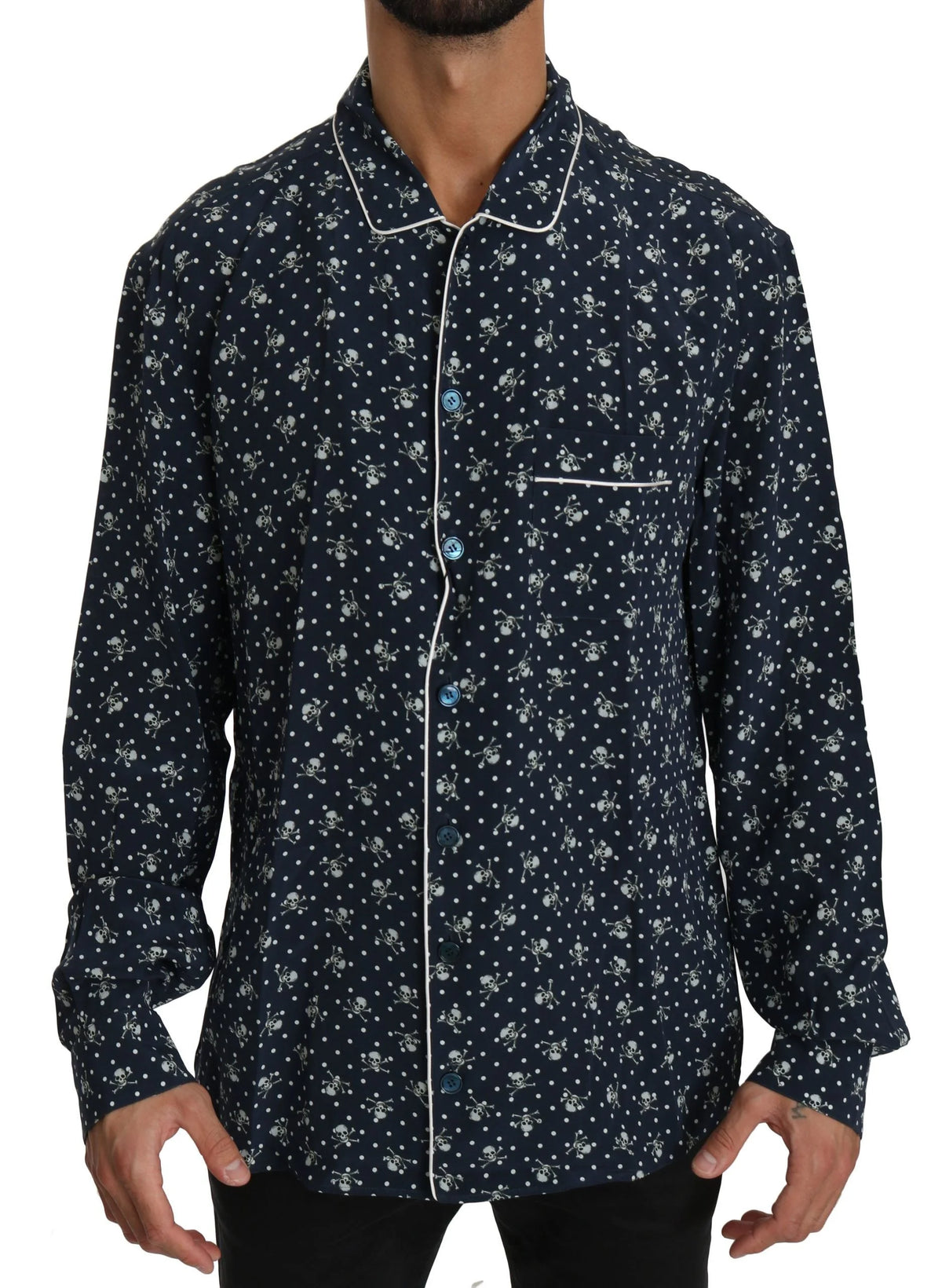 Dolce & Gabbana Blue Skull Print Silk Top Sleepwear Shirt - IT41 | L - Nightgowns