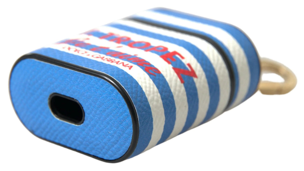 Dolce & Gabbana Blue Stripe Dauphine Leather Logo Print Airpod Case - Headphone Carrying Cases