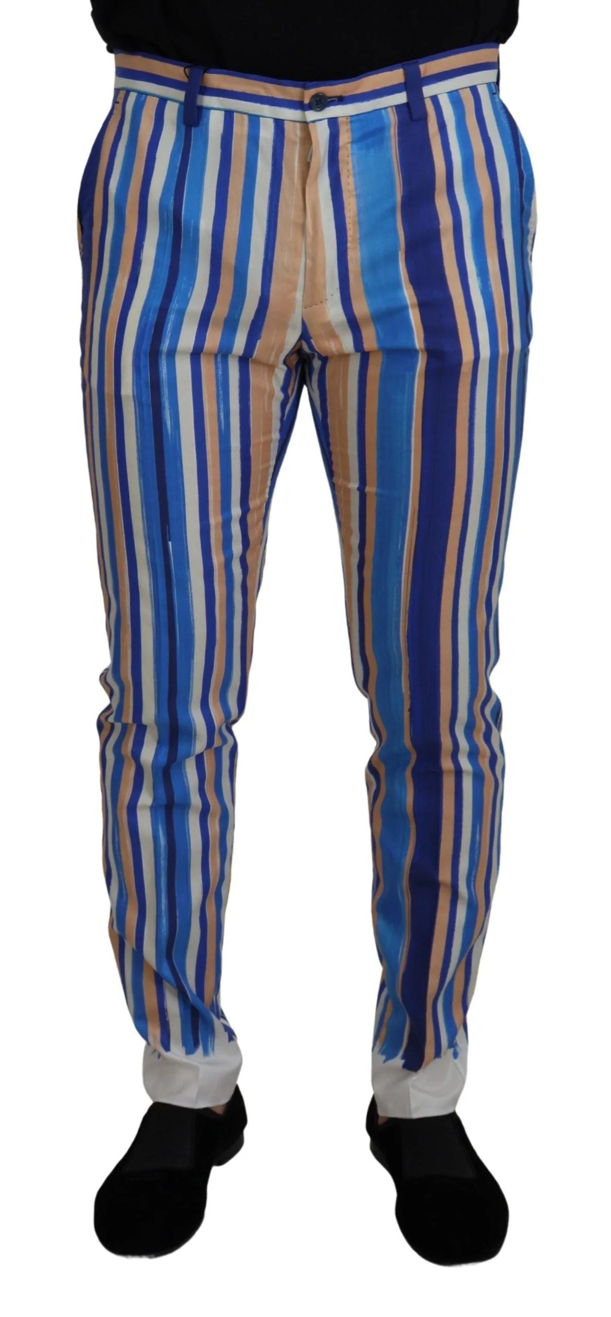 Dolce & Gabbana Blue Striped Silk Cotton Slim Trousers Pants - Trousers