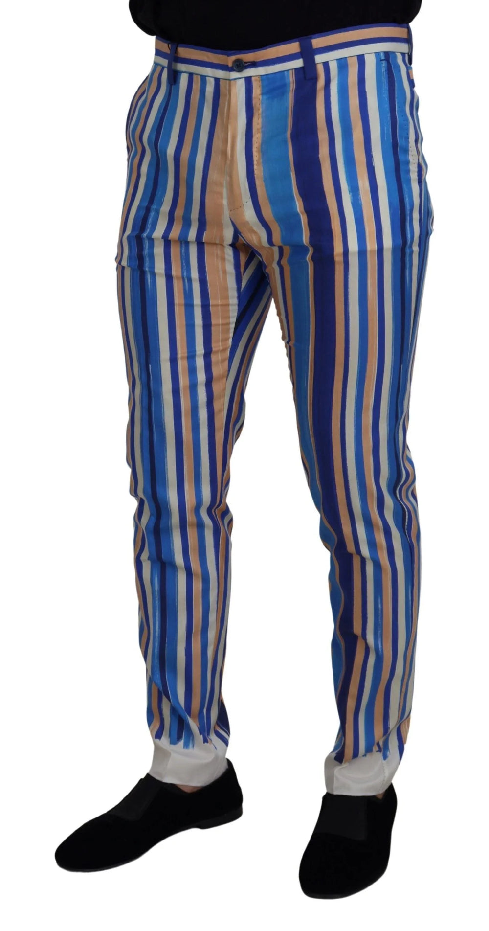 Dolce & Gabbana Blue Striped Silk Cotton Slim Trousers Pants - Trousers