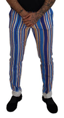 Dolce & Gabbana Blue Striped Silk Cotton Slim Trousers Pants - Trousers