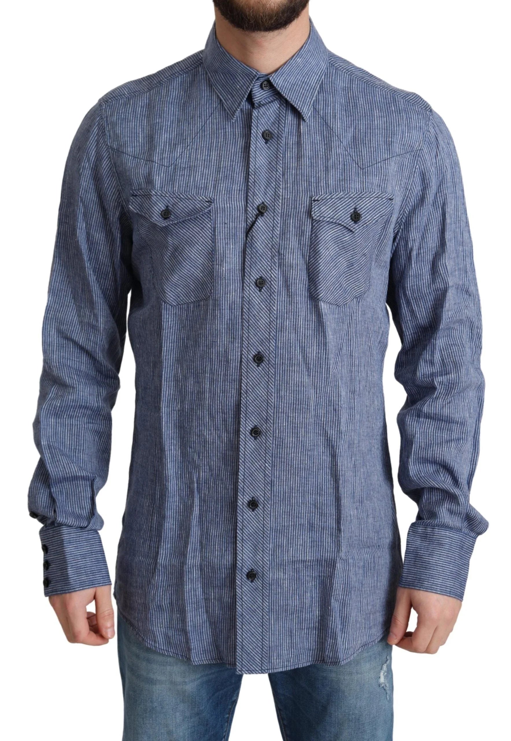 Dolce & Gabbana Blue Stripes Men Casual Button Down Shirt - IT39 | S - Shirts