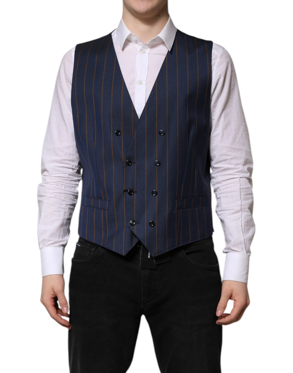 Dolce & Gabbana Blue Stripes Wool Formal Men Waistcoat Vest - IT52 | XL - Vests