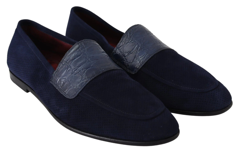 Dolce & Gabbana Blue Suede Caiman Loafers Slippers Shoes - EU39.5/US6.5 - Flats