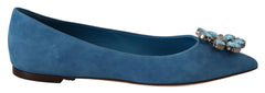 Dolce & Gabbana Blue Suede Crystals Loafers Flats Shoes - Flats