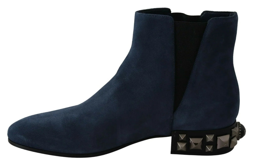 Dolce & Gabbana Blue Suede Embellished Studded Boots Shoes - EU38.5/US8