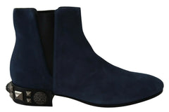 Dolce & Gabbana Blue Suede Embellished Studded Boots Shoes - EU38.5/US8