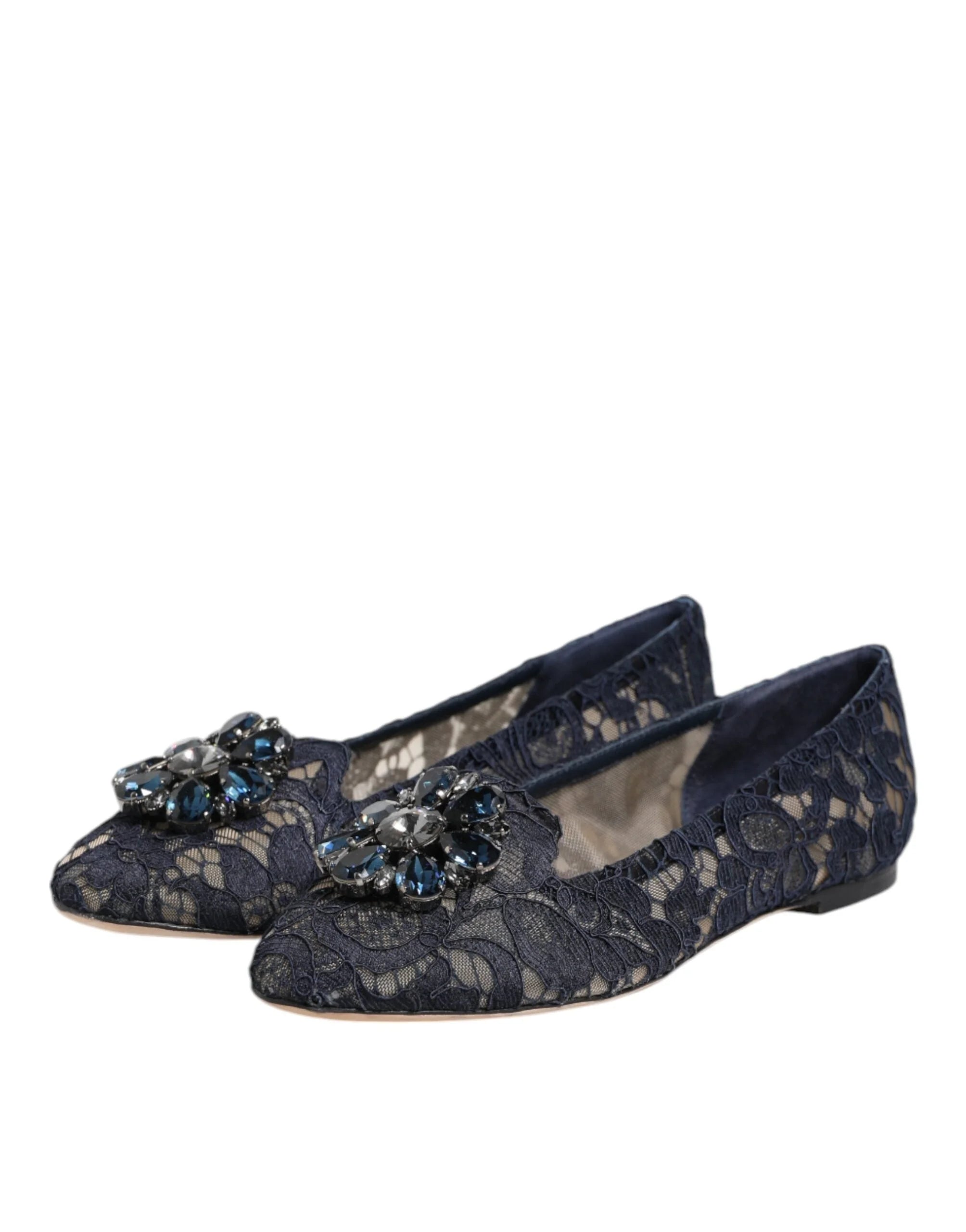 Dolce & Gabbana Blue Taormina Lace Crystals Flats Shoes - Flats