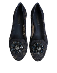 Dolce & Gabbana Blue Taormina Lace Crystals Flats Shoes - Flats