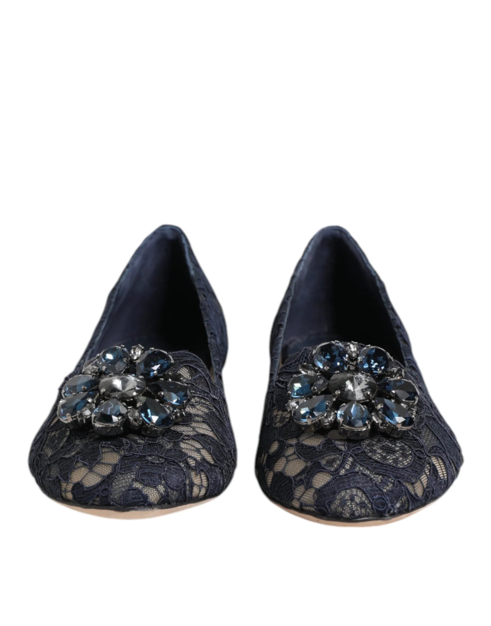 Dolce & Gabbana Blue Taormina Lace Crystals Flats Shoes - Flats