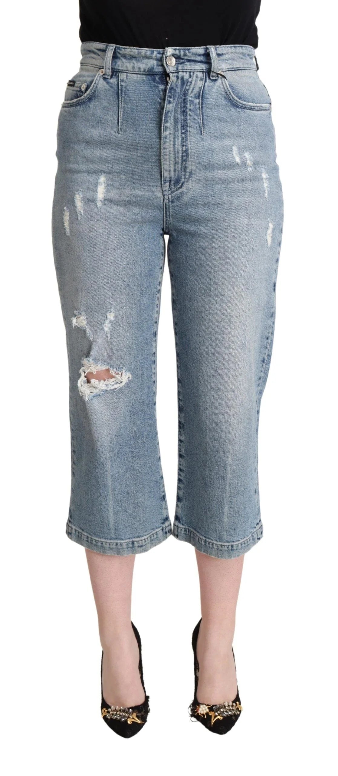 Dolce & Gabbana Blue Tattered Cotton Denim Capri Cropped Jeans - IT40|S - Jeans