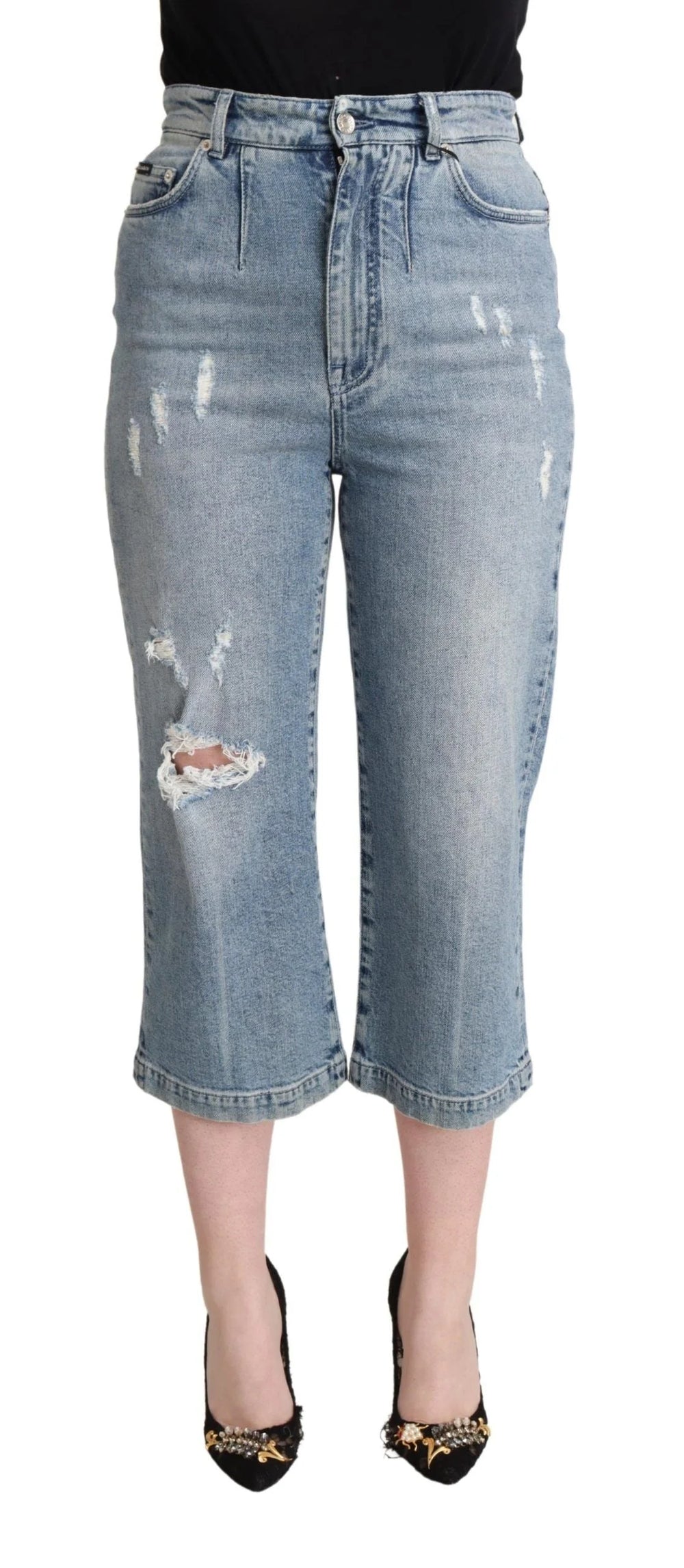 Dolce & Gabbana Blue Tattered Cotton Denim Capri Cropped Jeans - IT40|S - Jeans