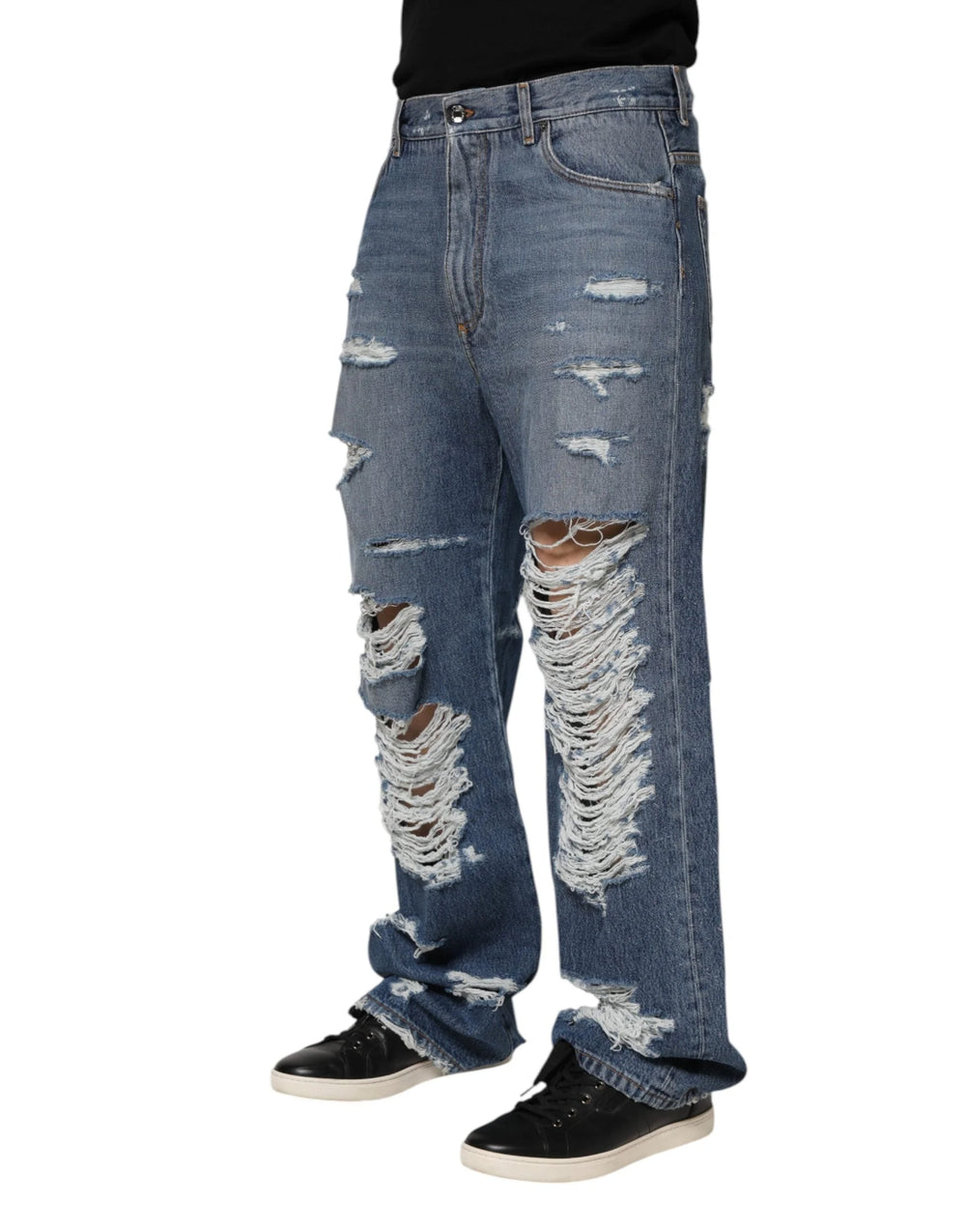 Dolce & Gabbana Blue Tattered Cotton Logo Plaque Denim Jeans - IT48 | M - Jeans
