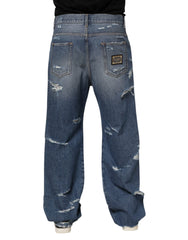 Dolce & Gabbana Blue Tattered Cotton Logo Plaque Denim Jeans - IT48 | M - Jeans