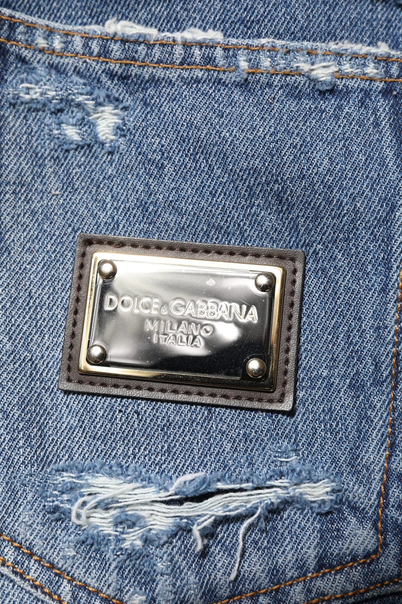 Dolce & Gabbana Blue Tattered Cotton Logo Plaque Denim Jeans - IT48 | M