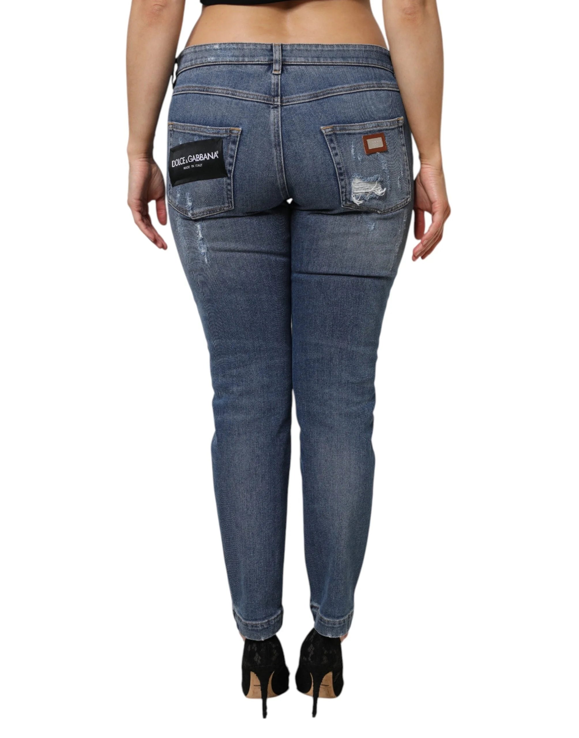 Dolce & Gabbana Blue Tattered Cotton Low Waist Denim Jeans - Jeans