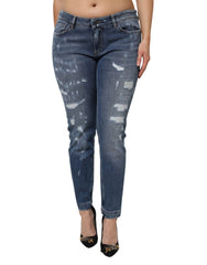 Dolce & Gabbana Blue Tattered Cotton Low Waist Denim Jeans - Jeans