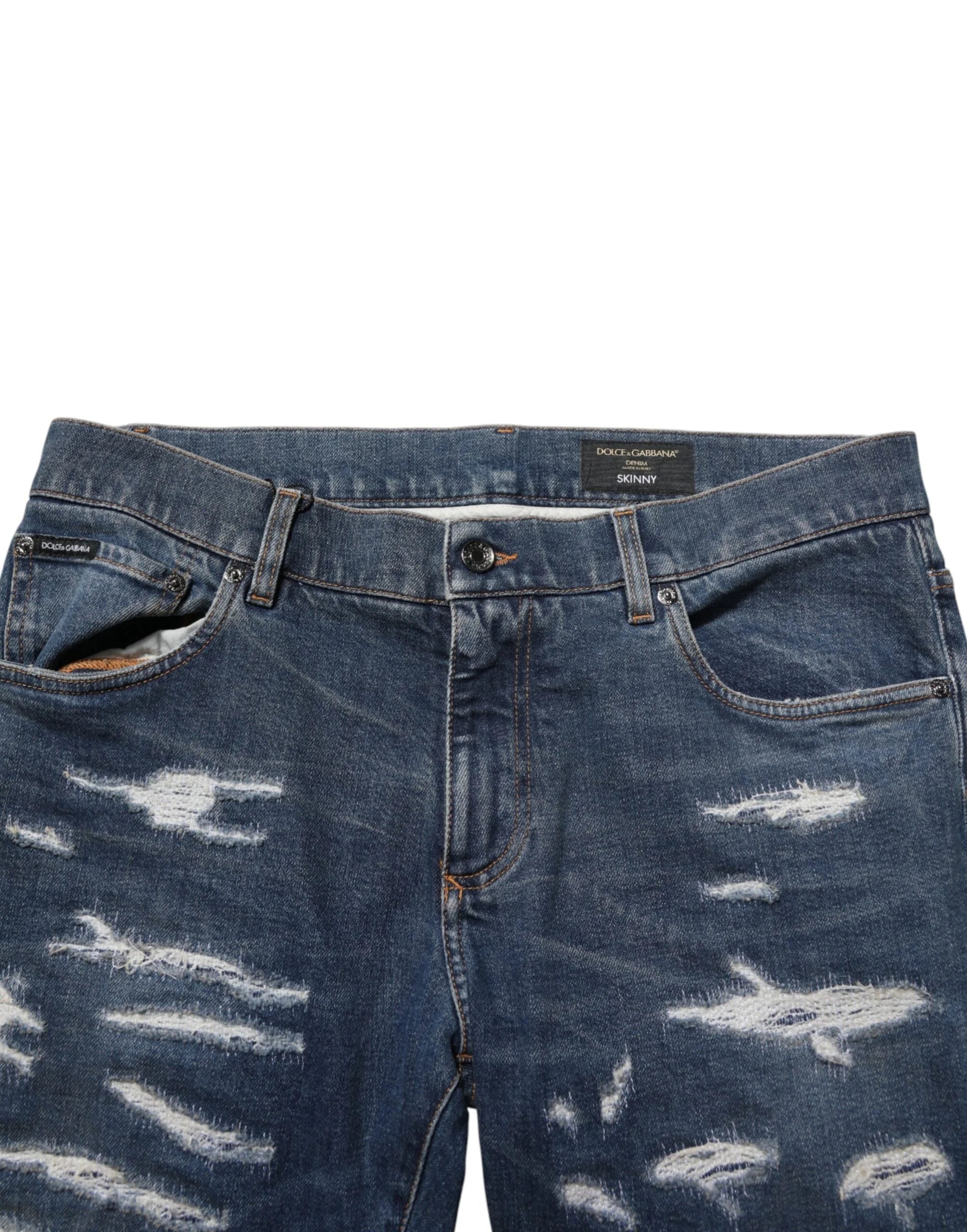 Dolce & Gabbana Blue Tattered Cotton Skinny Men Denim Jeans - IT48 | M - Jeans