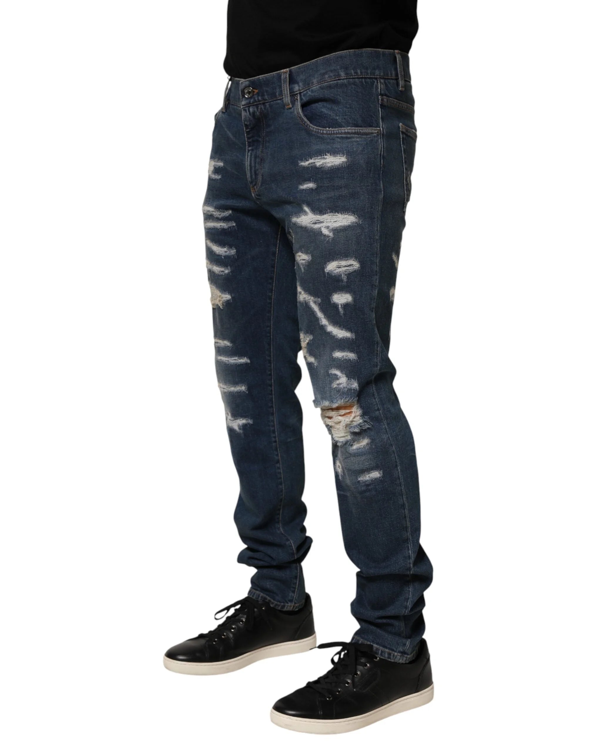 Dolce & Gabbana Blue Tattered Cotton Skinny Men Denim Jeans - IT48 | M - Jeans