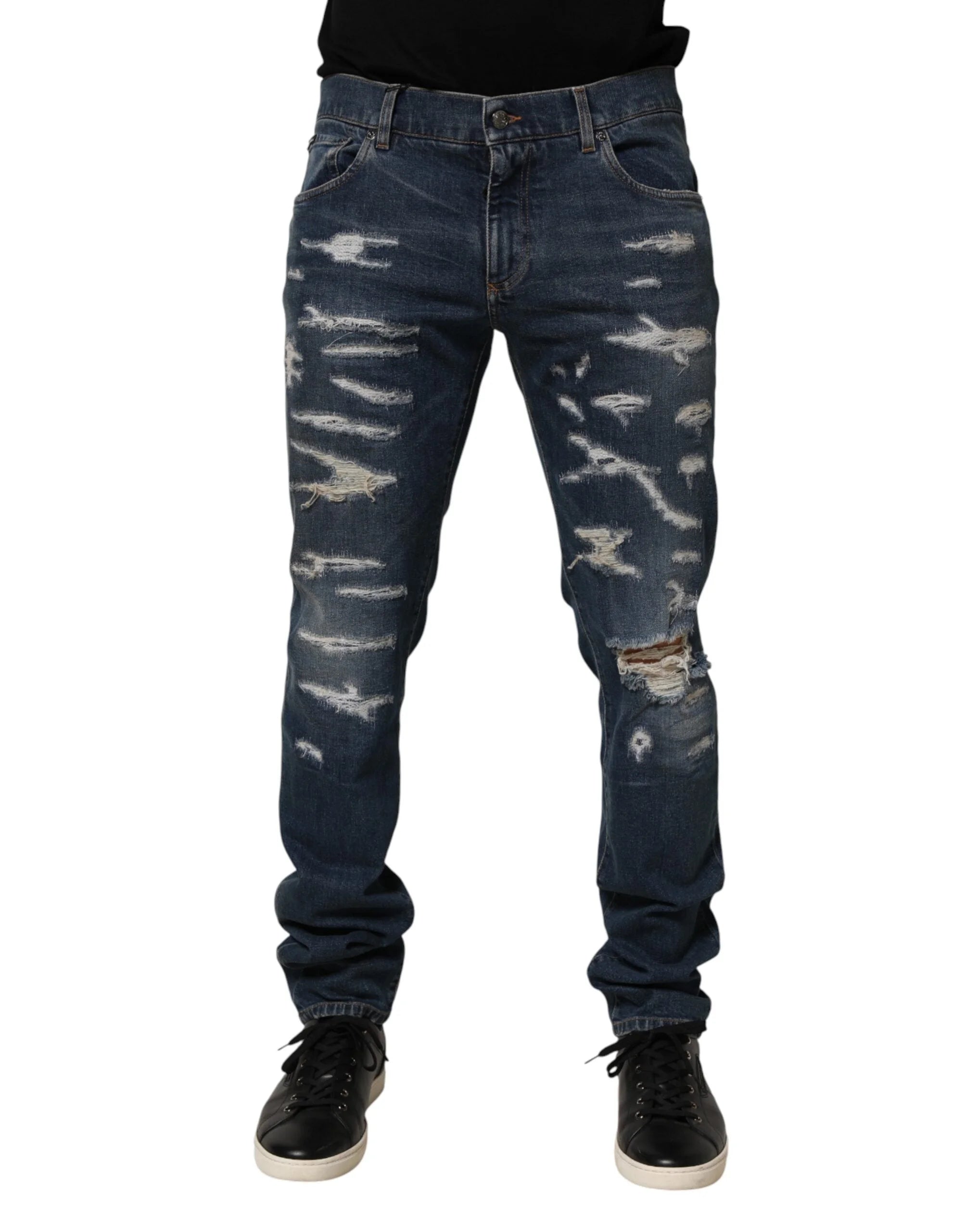 Dolce & Gabbana Blue Tattered Cotton Skinny Men Denim Jeans - IT48 | M