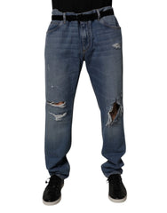 Dolce & Gabbana Blue Tattered Cotton Straight Denim Jeans - IT56 | XXL - Jeans