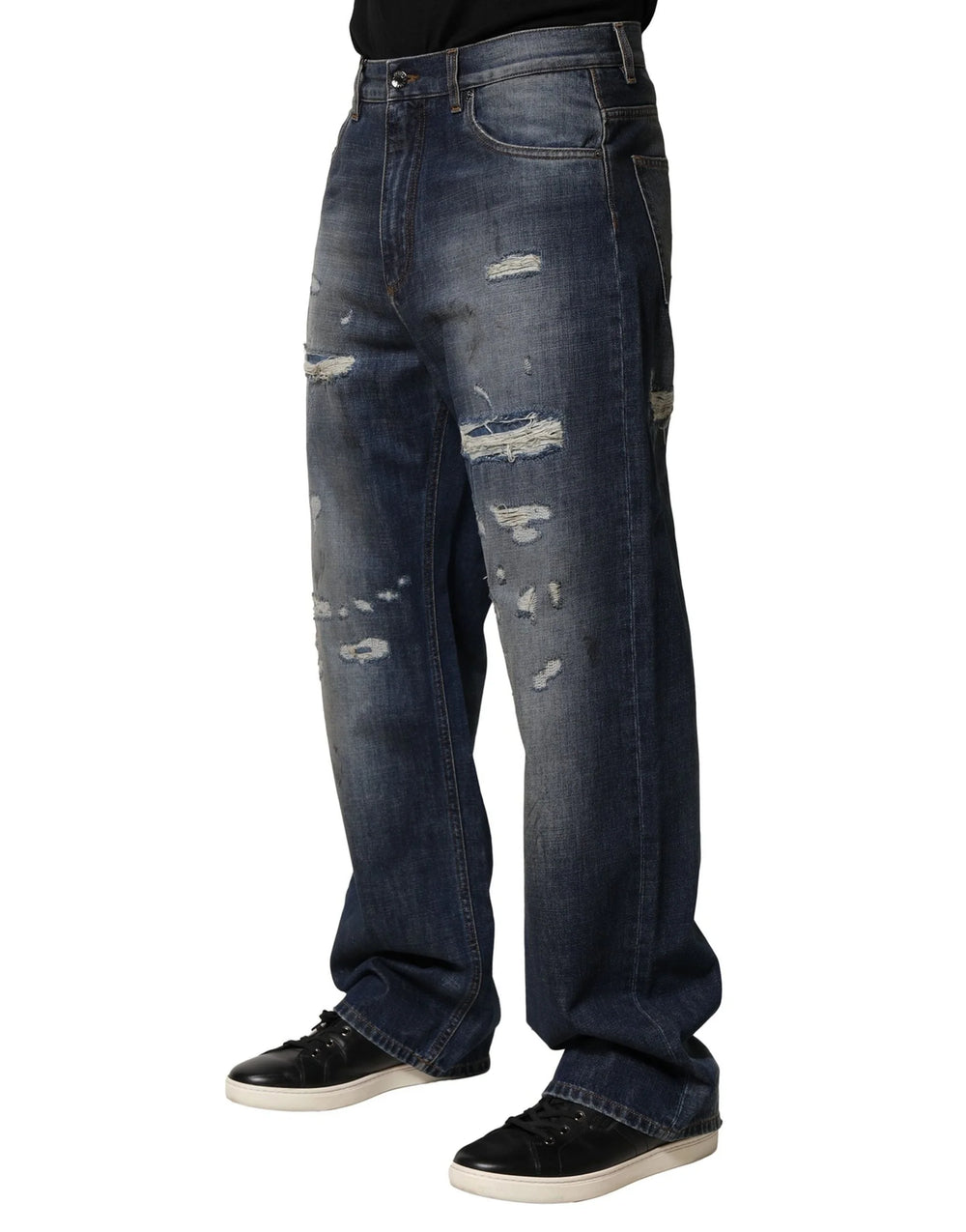 Dolce & Gabbana Blue Tattered Cotton Straight Men Denim Jeans - IT48 | M - Jeans