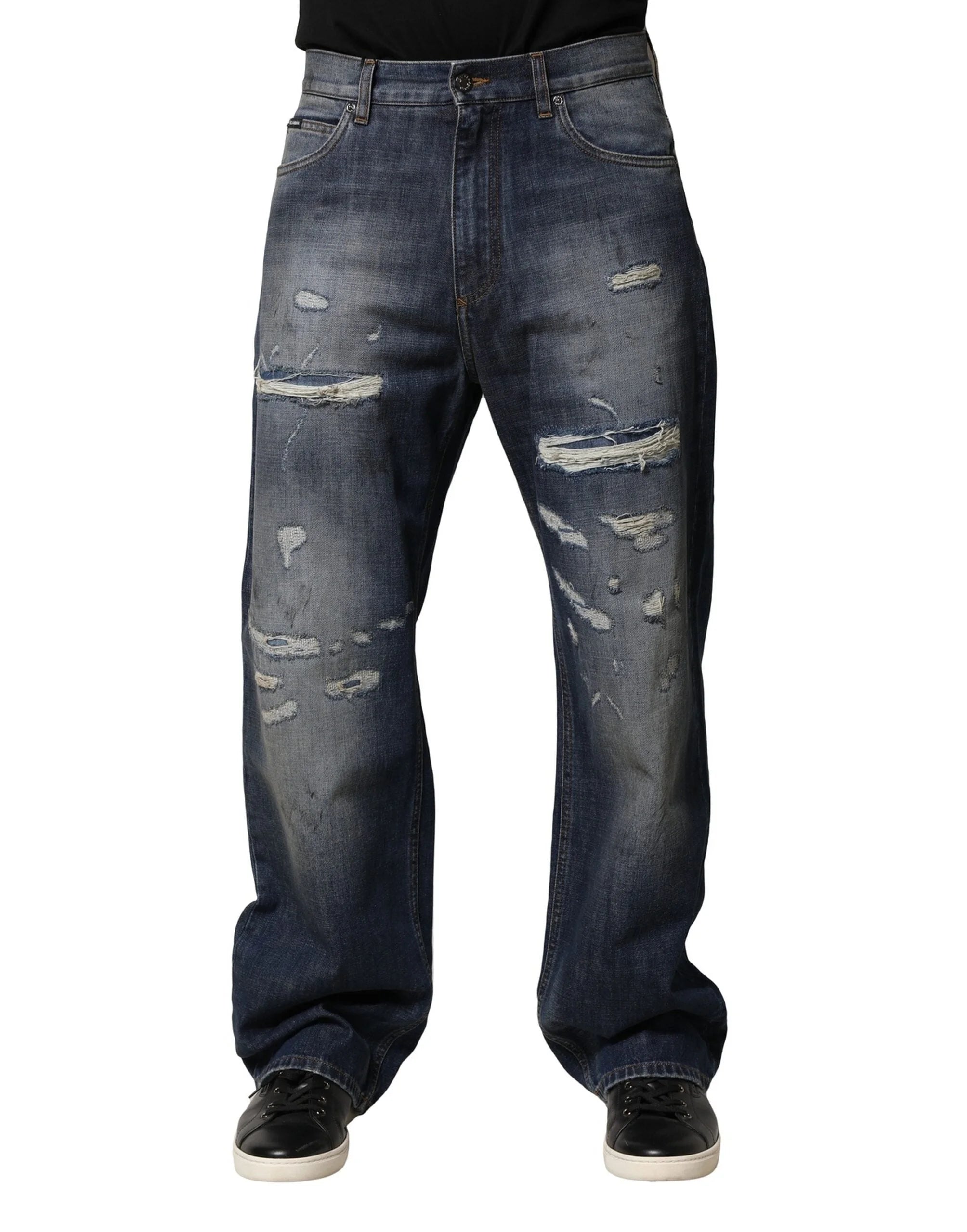 Dolce & Gabbana Blue Tattered Cotton Straight Men Denim Jeans - IT48 | M - Jeans