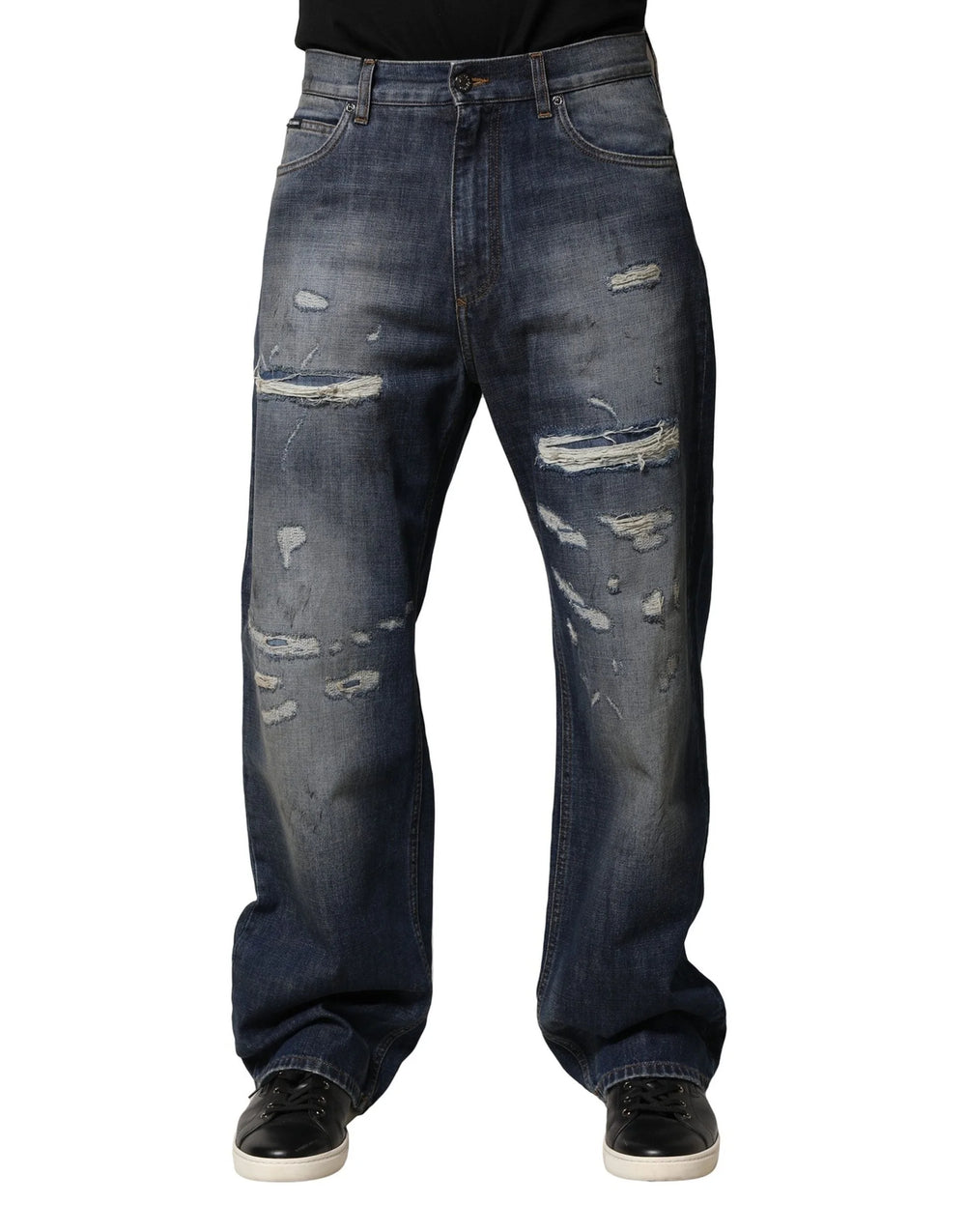 Dolce & Gabbana Blue Tattered Cotton Straight Men Denim Jeans - IT48 | M - Jeans