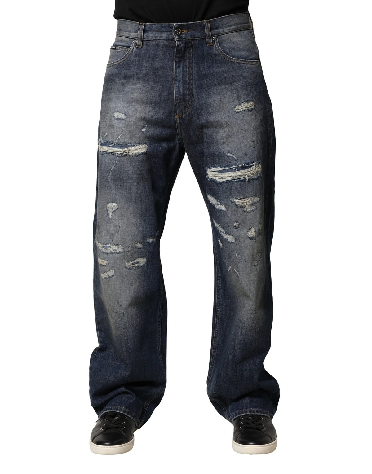 Dolce & Gabbana Blue Tattered Cotton Straight Men Denim Jeans - IT48 | M - Jeans