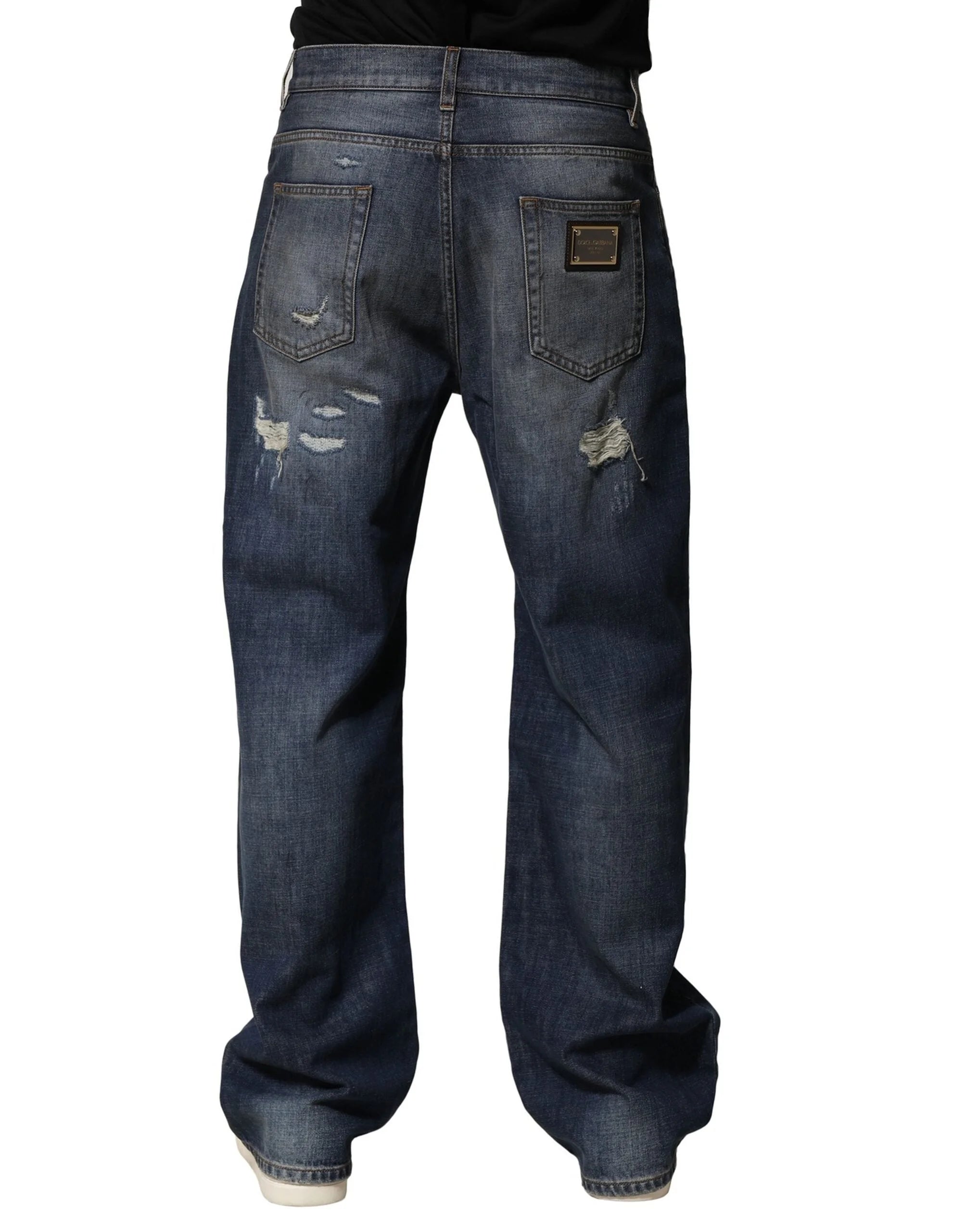 Dolce & Gabbana Blue Tattered Cotton Straight Men Denim Jeans - IT48 | M - Jeans
