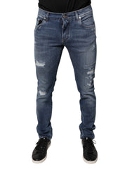 Dolce & Gabbana Blue Tattered Cotton Stretch Skinny Denim Jeans - IT48 | M - Jeans