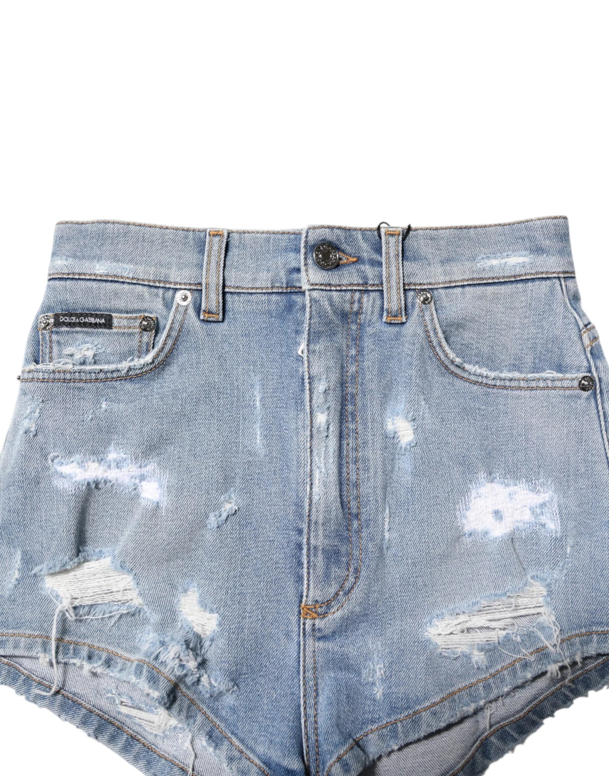 Dolce & Gabbana Blue Tattered Denim Cotton Hot Pants Shorts - IT40|S