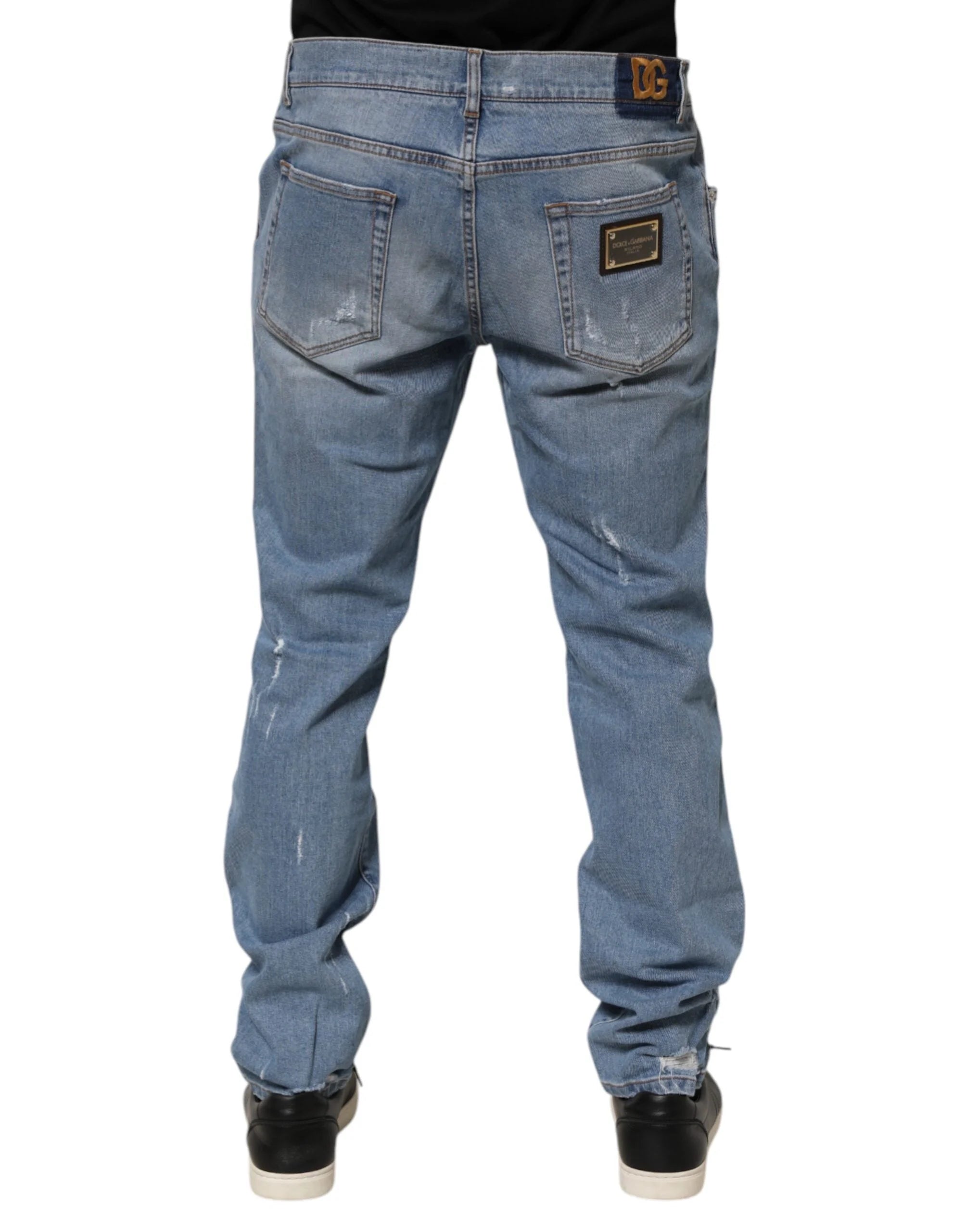 Dolce & Gabbana Blue Tattered Slim Fit Cotton Denim Jeans - IT54 | XL