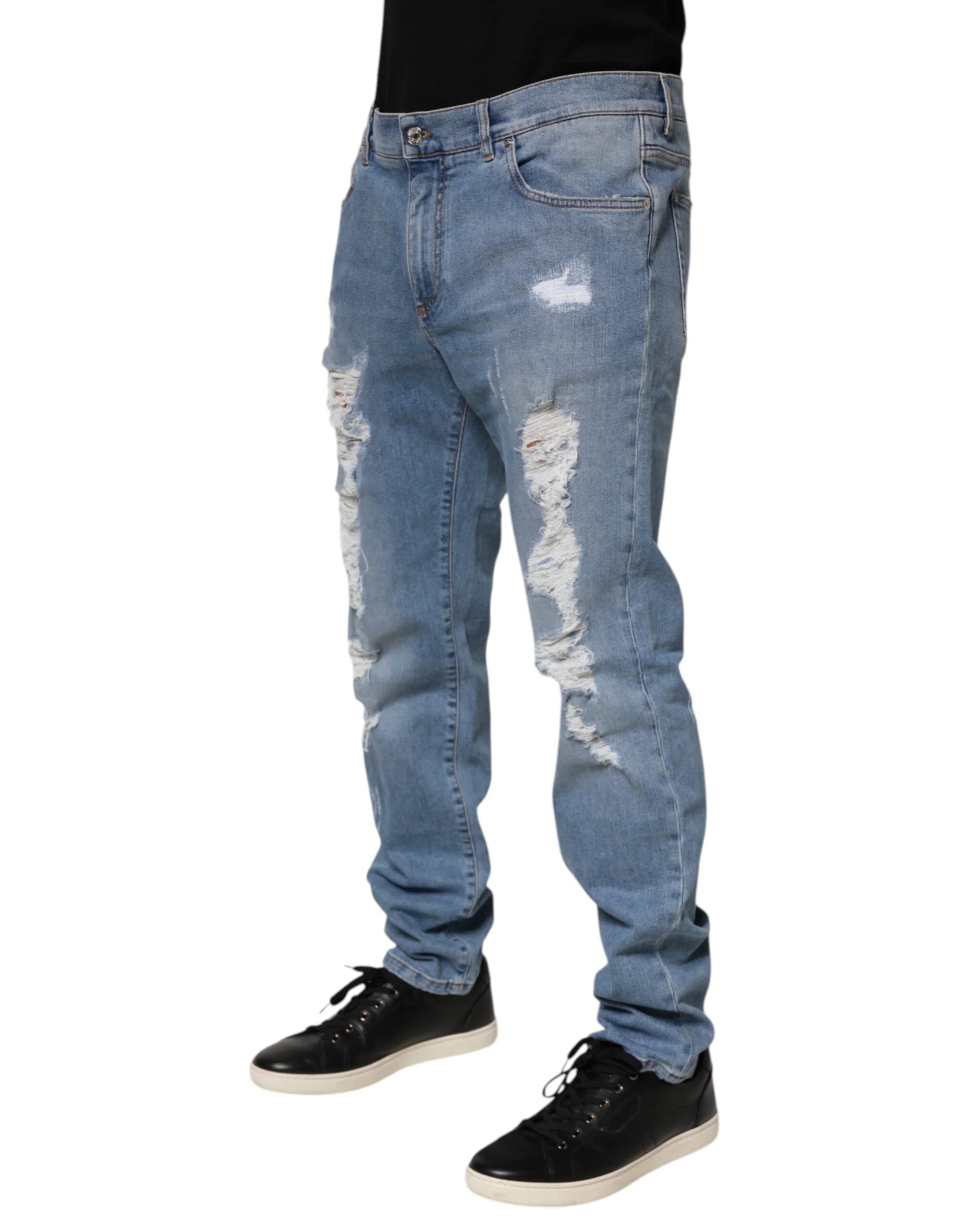 Dolce & Gabbana Blue Tattered Slim Fit Cotton Denim Jeans - IT54 | XL