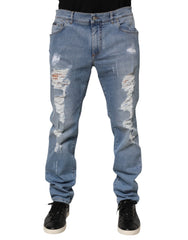 Dolce & Gabbana Blue Tattered Slim Fit Cotton Denim Jeans - IT54 | XL