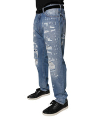Dolce & Gabbana Blue Tattered Straight Cotton Denim Jeans - IT52 | XL