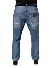 Dolce & Gabbana Blue Tattered Straight Cotton Denim Jeans - IT52 | XL
