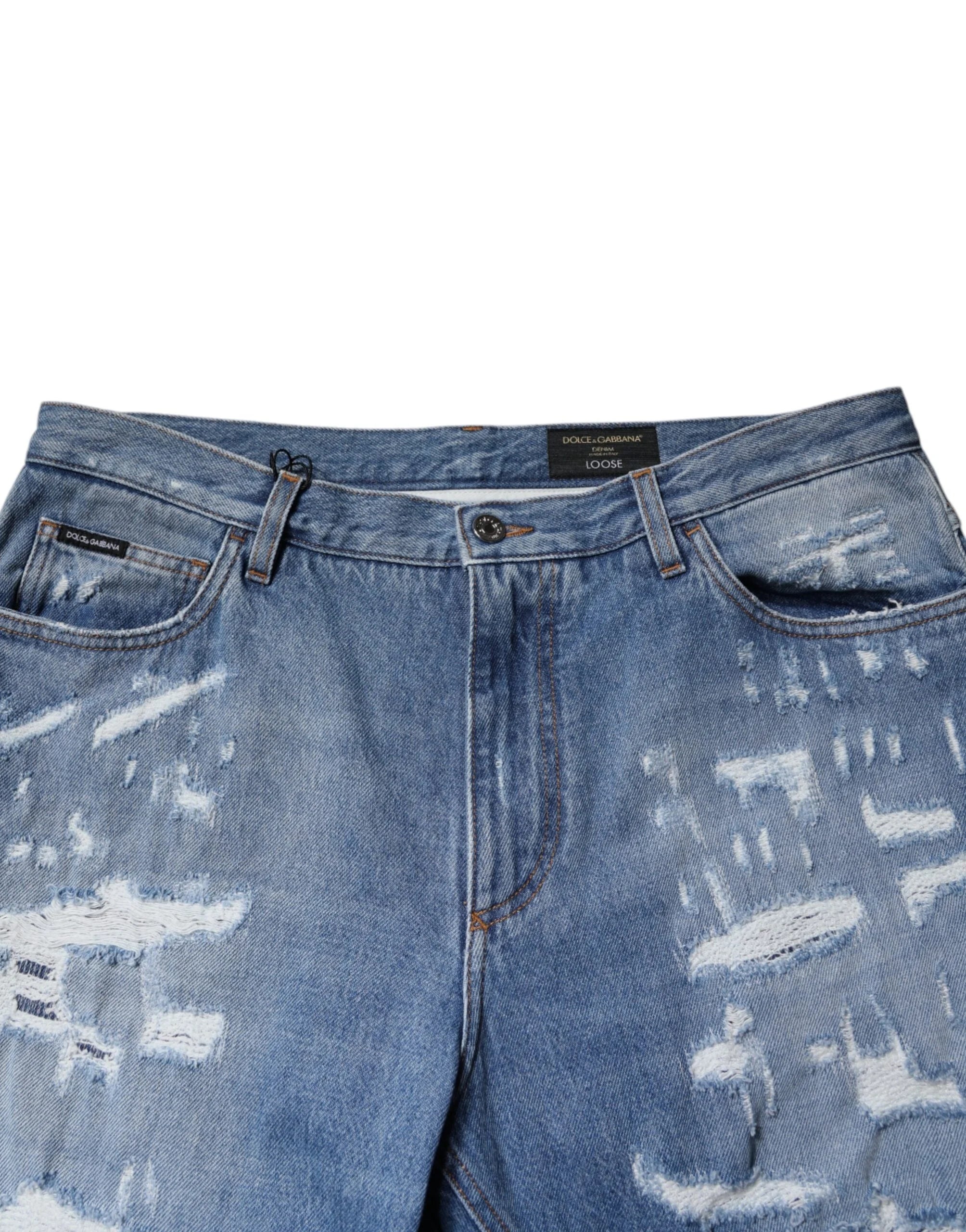 Dolce & Gabbana Blue Tattered Straight Cotton Denim Jeans - IT52 | XL