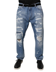 Dolce & Gabbana Blue Tattered Straight Cotton Denim Jeans - IT52 | XL