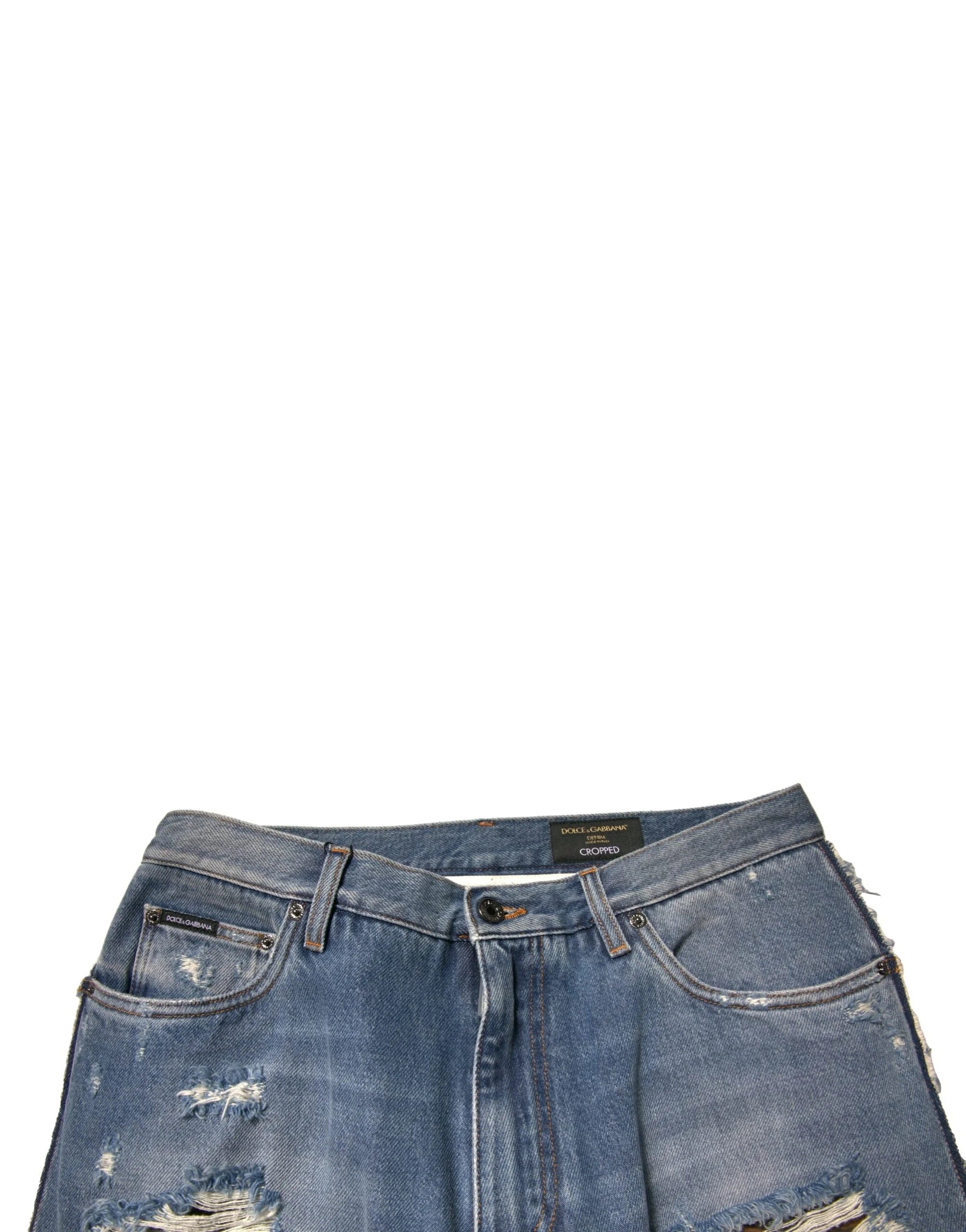 Dolce & Gabbana Blue Tattered Straight Cropped Denim Jeans - IT48 | M - Jeans